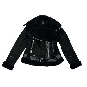 Zara faux shearling Black oversized motorcycle jacket size Small